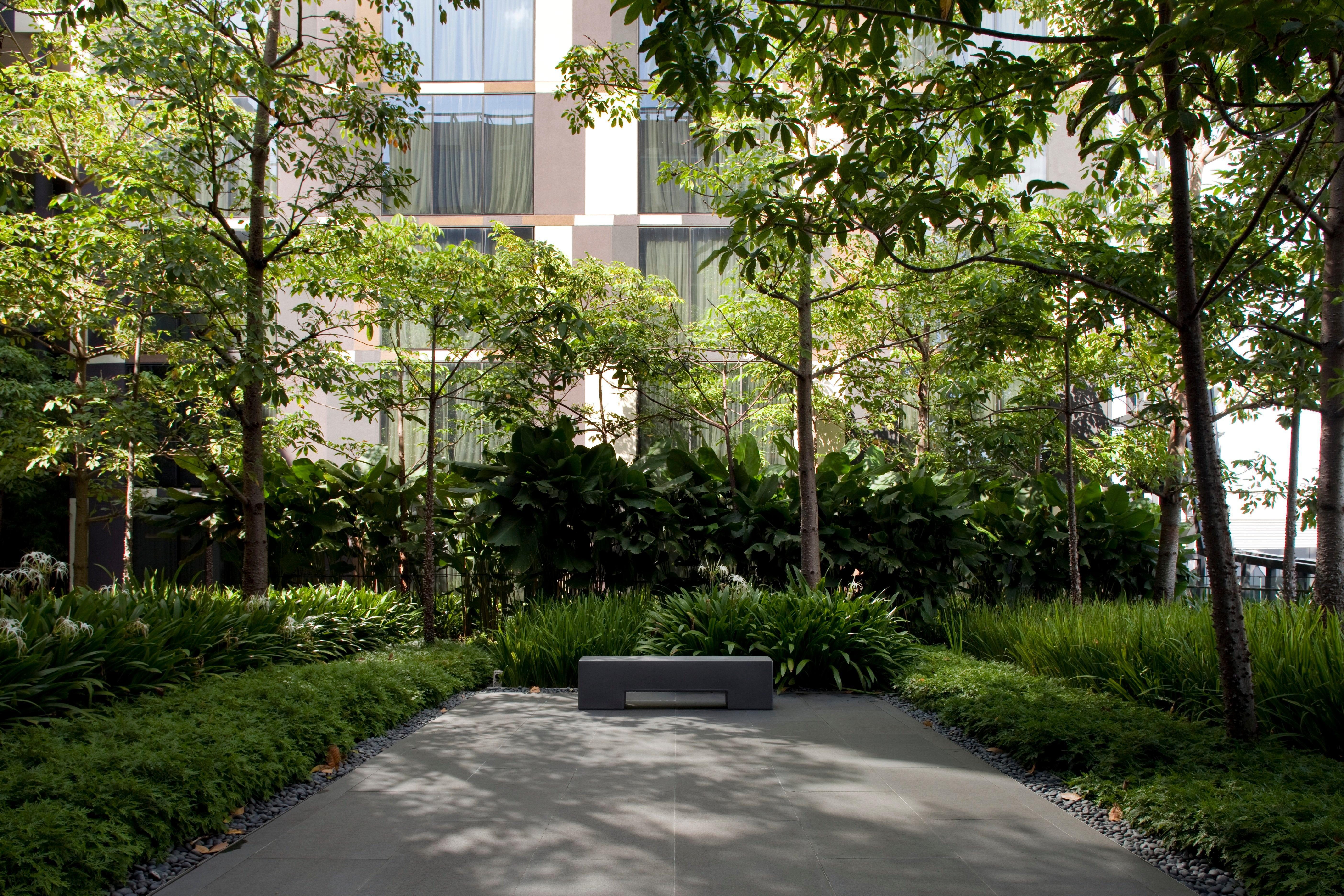 Crowne Plaza Changi Airport By Ihg Сінгапур Екстер'єр фото The photo shows a landscaped area featuring several trees and lush greenery. In the foreground, there is a smooth, paved surface with a minimalist bench. Surrounding the bench are various plants and grasses, creating a serene and inviting atmosphere.
